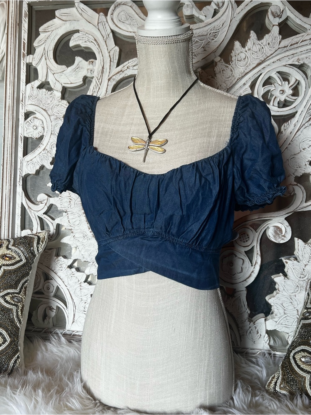 Navy Puff Sleeve Crop Top